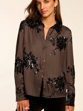 Ramy Brook Sara Button Down Embellished Shirt Size Small
